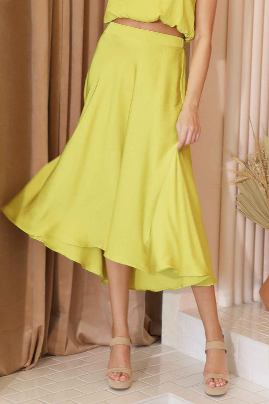 Washed Poly Silk Midi Swing Skirt