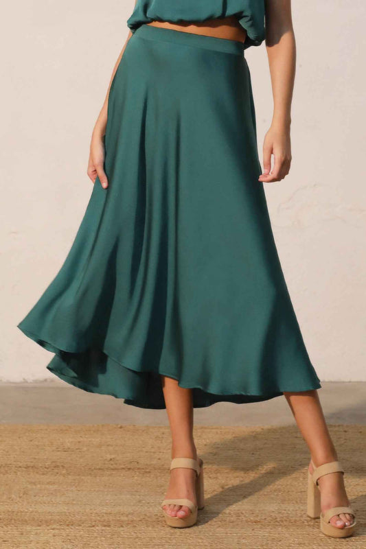 Washed Poly Silk Midi Swing Skirt