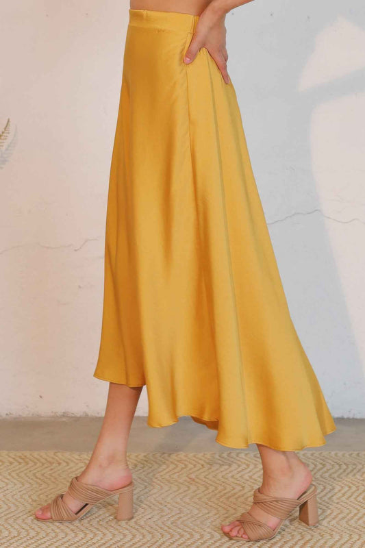 Washed Poly Silk Midi Swing Skirt