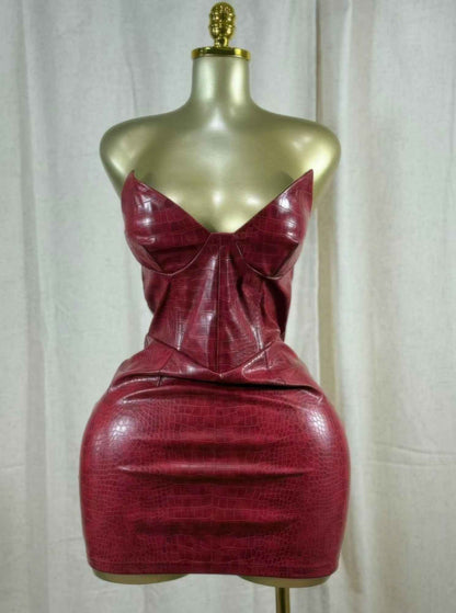 Bordeaux Croc Corset Mini Dress