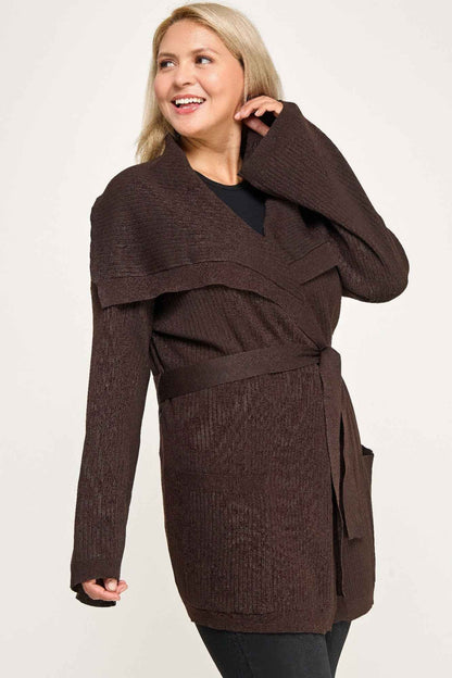 Plus Size Ribbed Wrap Cardigan With Waist Belt