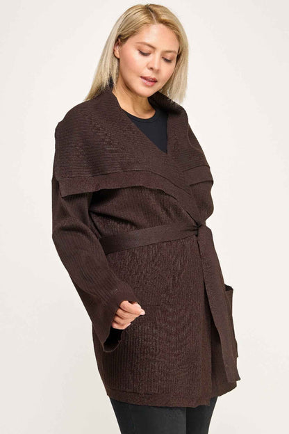 Plus Size Ribbed Wrap Cardigan With Waist Belt