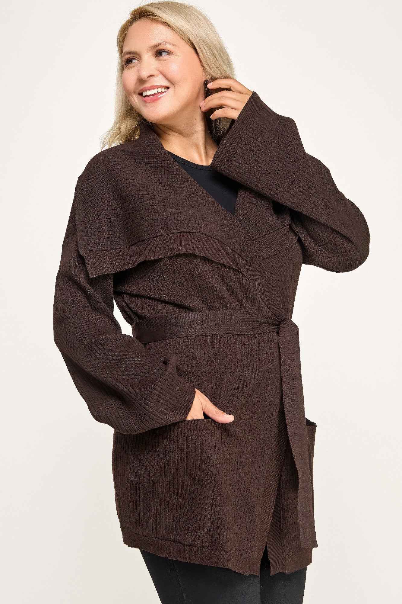 Plus Size Ribbed Wrap Cardigan With Waist Belt