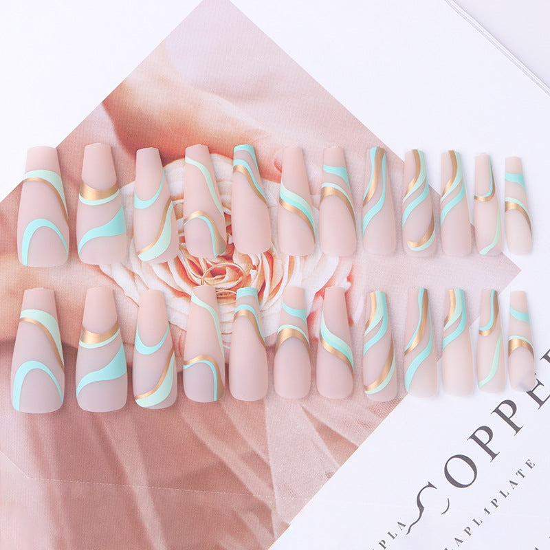 Gold Line Wave Pattern Long Ballet Press-On Nails | Frosted Matte Contrast Color Nail Art Set