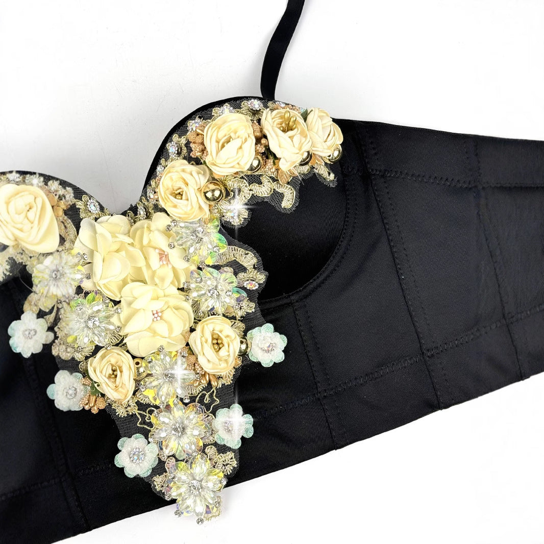 European and American Style Three-dimensional Flower Rhinestone Beaded Corset Fashion Luxury Sexy Outerwear Bone Strap Top