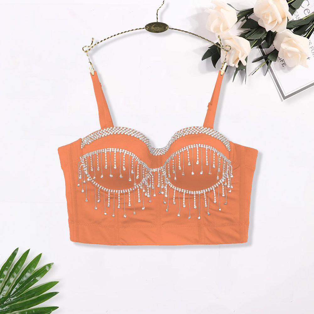 Sexy Spaghetti Strap Corset with Rhinestones and Tassels