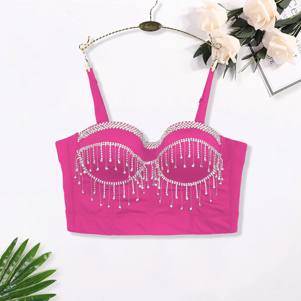 Sexy Spaghetti Strap Corset with Rhinestones and Tassels
