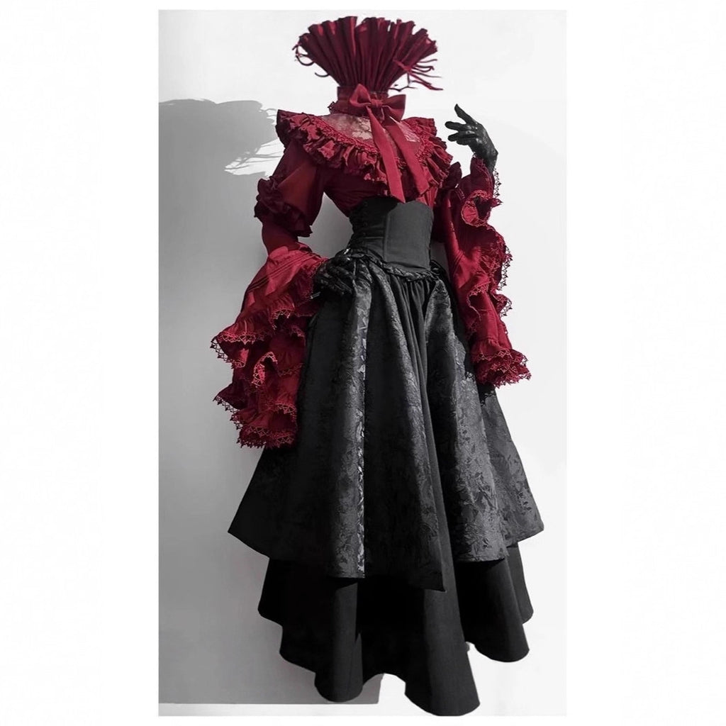 Halloween Gothic Lolita Shirt Corset Skirt Set with Princess Sleeves, Elegant and Lavish Two-Piece Outfit for Women