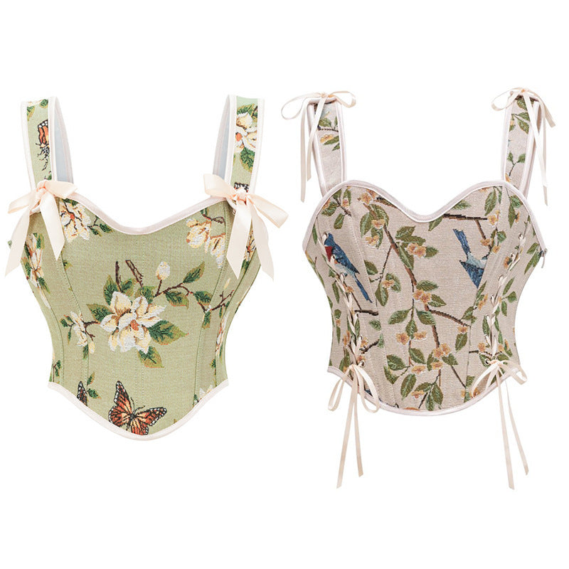 Medieval Style Bow Corset Women's Strapless Fitted Printed Sexy Crop Top