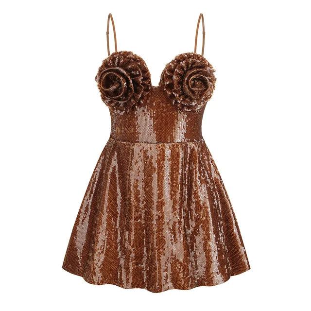 New Women's Brown Wine Red Sexy Sleeveless Flower Detail Sequin A-Line Tight Corset Mini Dress Elegant Party Dress
