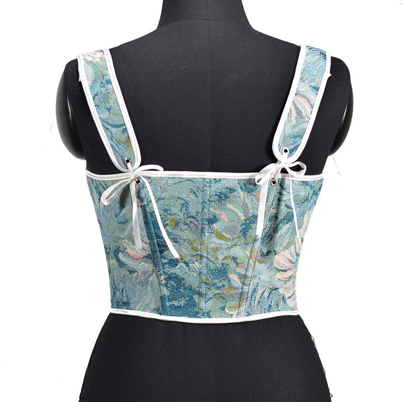 Ink Chrysanthemum Jacquard Half Pack Chest Strap Vintage Corset Waist Tie
