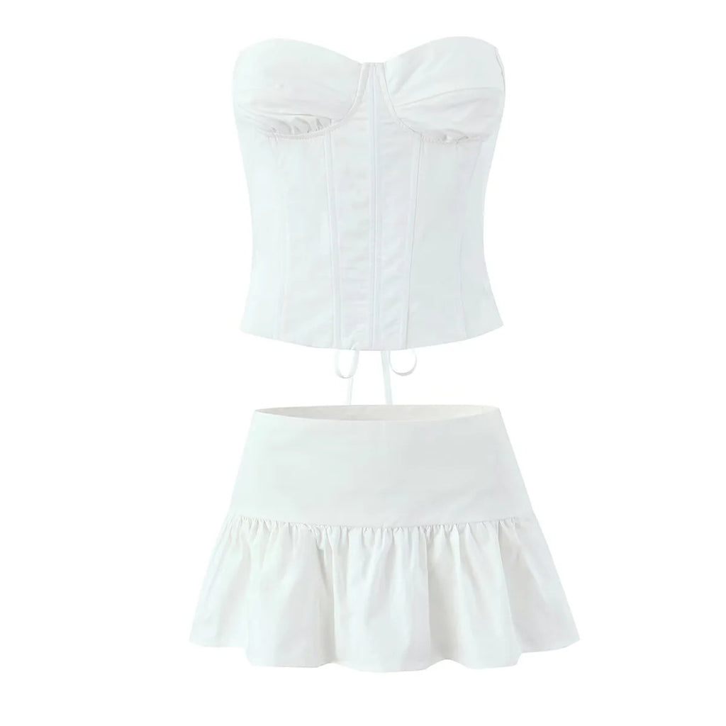 Fishbone waist cinched back strap corset camisole+low waist mini pleated skirt two-piece set