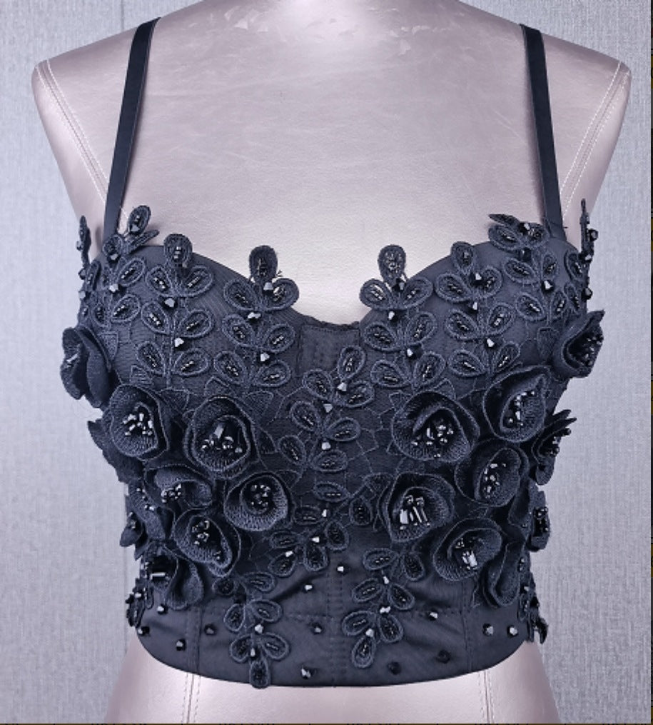 Sexy Bone Corset White Camisole Heavy Embroidered Petal Halter Strapless