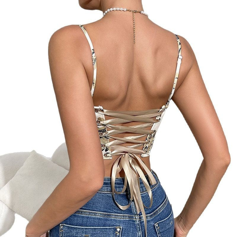 Sexy floral crop top with exposed navel retro printed vest fishbone corset
