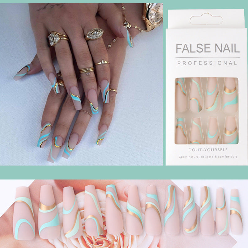 Gold Line Wave Pattern Long Ballet Press-On Nails | Frosted Matte Contrast Color Nail Art Set
