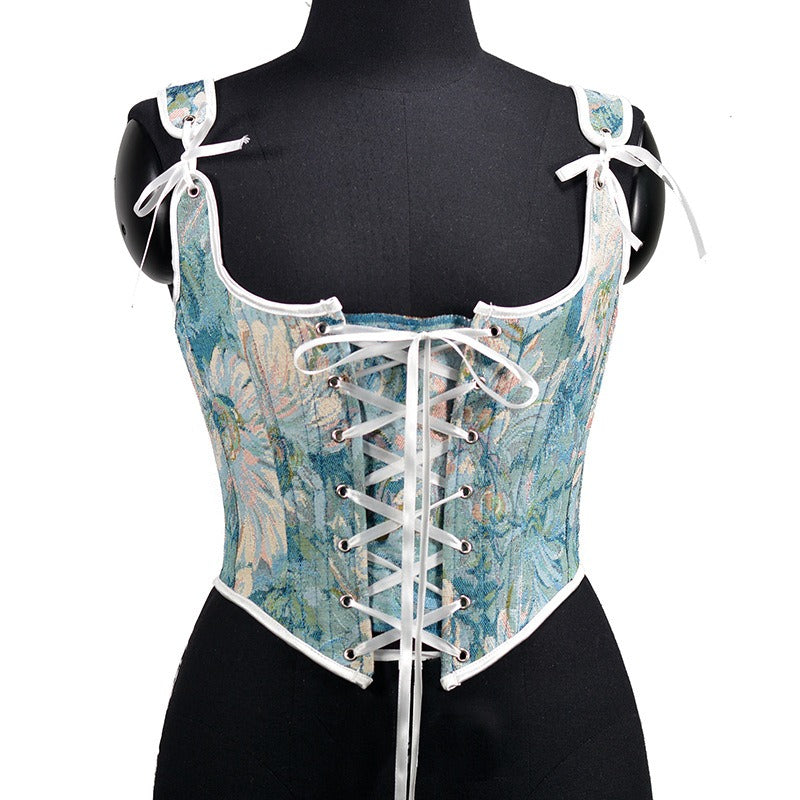 Ink Chrysanthemum Jacquard Half Pack Chest Strap Vintage Corset Waist Tie