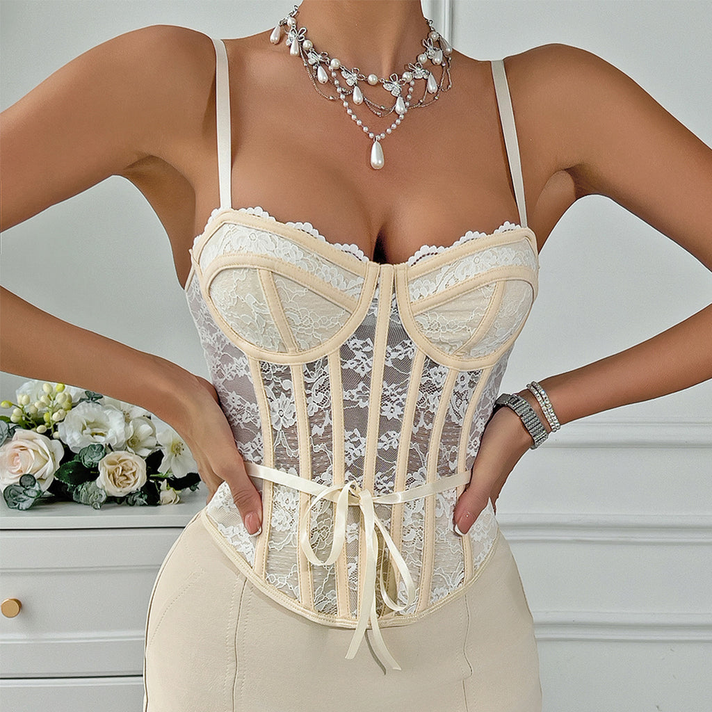 Style Tie-Back A-Line Fitted Spicy Corset Lace Trim Sheer Strapless Crop Top