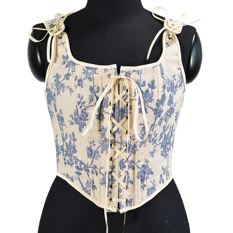 French Lace-Up Corset Vintage Large Orchid Print Lace Layered Vest Women's Top