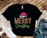 Merry Christmas Pink Leopard Glitter- Graphic Tee