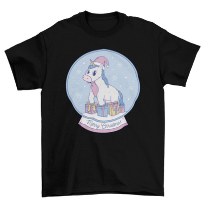 Cool pastel unicorn inside christmas snow globe with gifts t-shirt