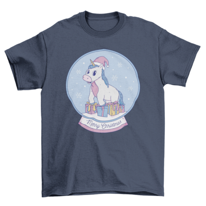 Cool pastel unicorn inside christmas snow globe with gifts t-shirt