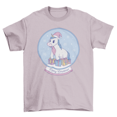 Cool pastel unicorn inside christmas snow globe with gifts t-shirt