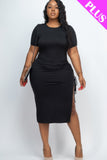 Plus Size Drawstring Ruched Side Split Hem Midi Dress