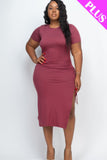 Plus Size Drawstring Ruched Side Split Hem Midi Dress