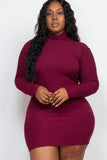 Plus Size Ribbed Long Sleeve Mock Neck Mini Bodycon Dress