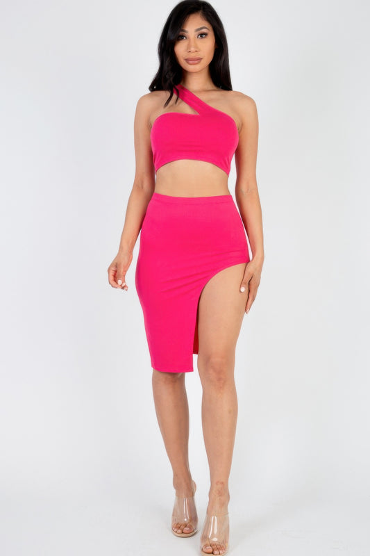 New Arrival – Sexy Solid One Shoulder Crop Top & Split Thigh Midi Skirt Set – New Arrival Now Live