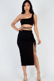 Sexy Solid Color One Shoulder Crop Top & Drawstring Ruched Crisscross Tie Back Side Slit Hem Skirt Set