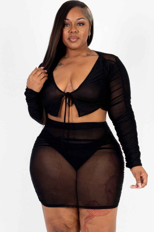 New Arrival – Plus Size Sheer Mesh Tie Front Crop Top & Ruched Side Mini Dress – Stylish & Comfortable – New Arrival Now Live