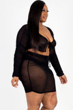 Plus Size Sheer Mesh Tie Front Crop Top & Ruched Side Mini Dress