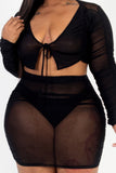 Plus Size Sheer Mesh Tie Front Crop Top & Ruched Side Mini Dress