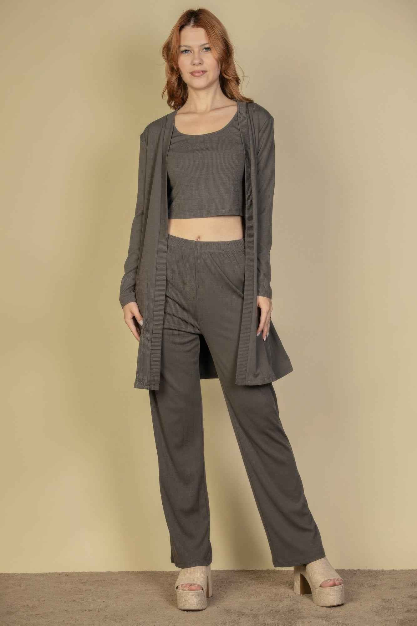 New Arrival – Flat Back Rib 3 Pieces Cami Top With Pants And Long Cardigan Set – New Arrival Now Live