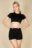 Ribbed Collared Short Sleeve Crop Top & Shorts Set