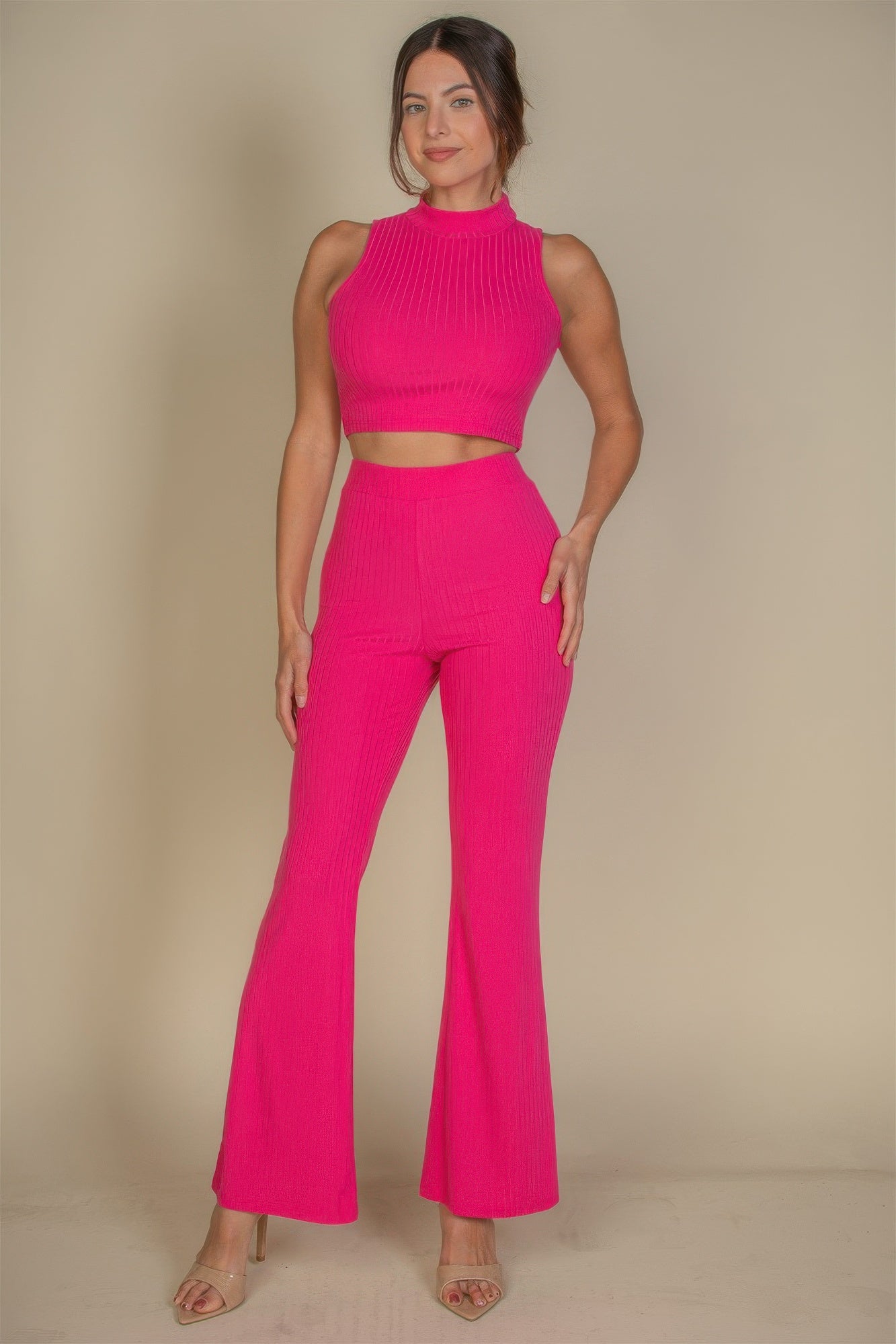 New Arrival – Ribbed Mock Neck Crop Tank Top & Bootcut Pants Set – New Arrival Now Live