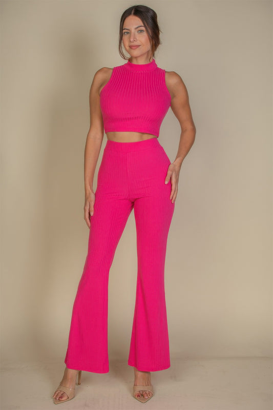 New Arrival – Ribbed Mock Neck Crop Tank Top & Bootcut Pants Set – New Arrival Now Live