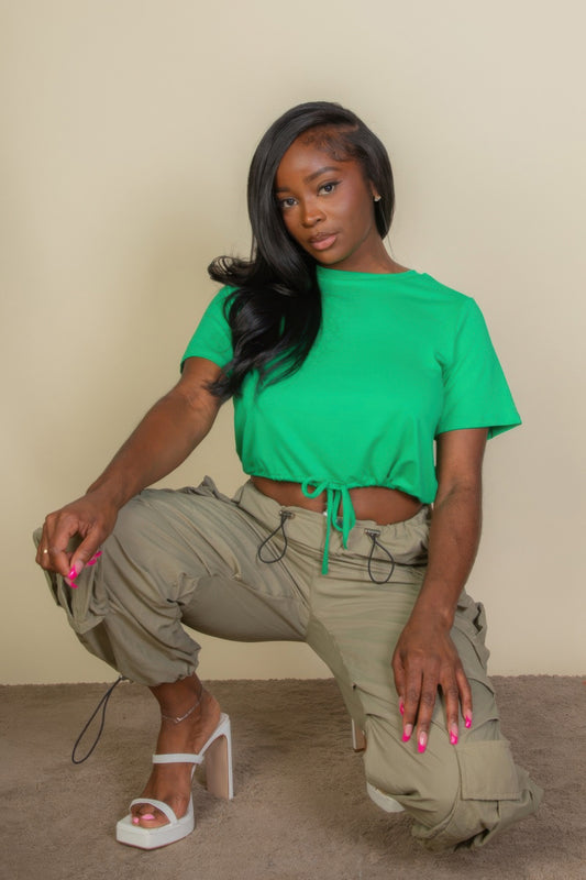New Arrival – Tie Front Drawstring Short Sleeve Crop Top – New Arrival Now Live