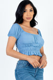 Casual Ruched Puff Sleeve Ribbed Knit Solid Top