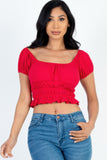 Casual Ruched Puff Sleeve Ribbed Knit Solid Top