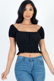 Casual Ruched Puff Sleeve Ribbed Knit Solid Top