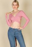 Cross Wrap Tie Front Rib Knit Crop Top