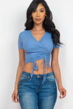 Ribbed Ruched Drawstring Surplice Top