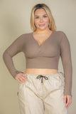 Plus Size Ribbed Wrap Front Long Sleeve Top