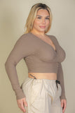 Plus Size Ribbed Wrap Front Long Sleeve Top