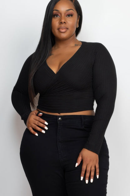 Plus Size Ribbed Wrap Front Long Sleeve Top – New Arrival Now Live