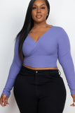 Plus Size Ribbed Wrap Front Long Sleeve Top