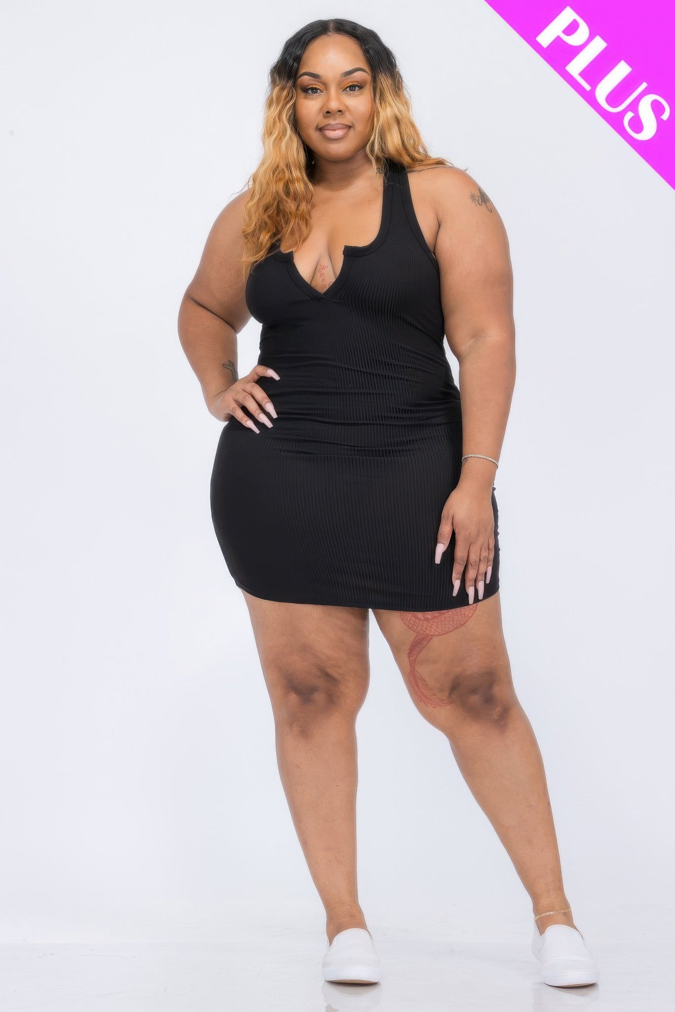 New Arrival – Plus Size Ribbed Split Neck Tank Mini Dress – Stylish & Comfortable – New Arrival Now Live