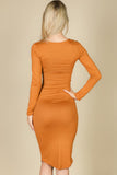 Split Neck Long Sleeve Midi Dress